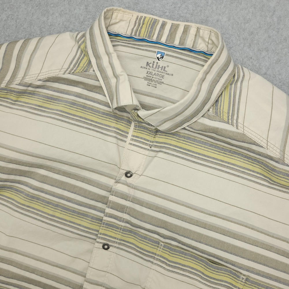 KUHL Intriguer Mens XXL Short Sleeve Button Up Shirt Beige Stripe Outdoor